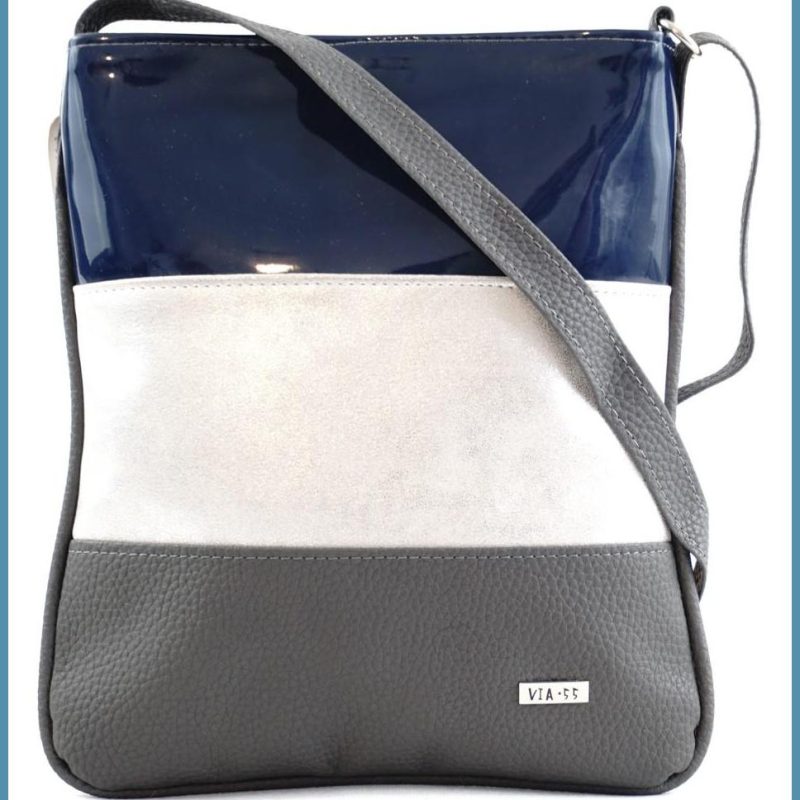 VIA55 női keresztpántos táska 3 sávval, rostbőr, kék-ezüst noivalltaska.hu a