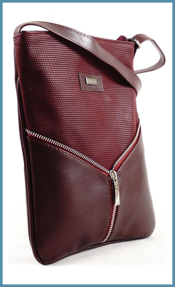 VIA55 női keresztpántos táska díszcipzárral, rostbőr, burgundivörös noivalltaska-hu b