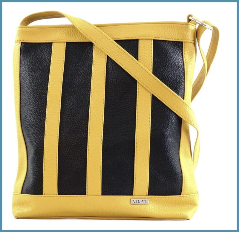 VIA55 női keresztpántos táska függőleges csíkokkal, rostbőr, sárga noivalltaska.hu a