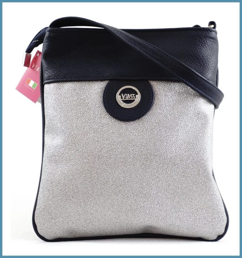VIA55 női keresztpántos táska kör mintával, rostbőr, ezüst noivalltaska.hu a