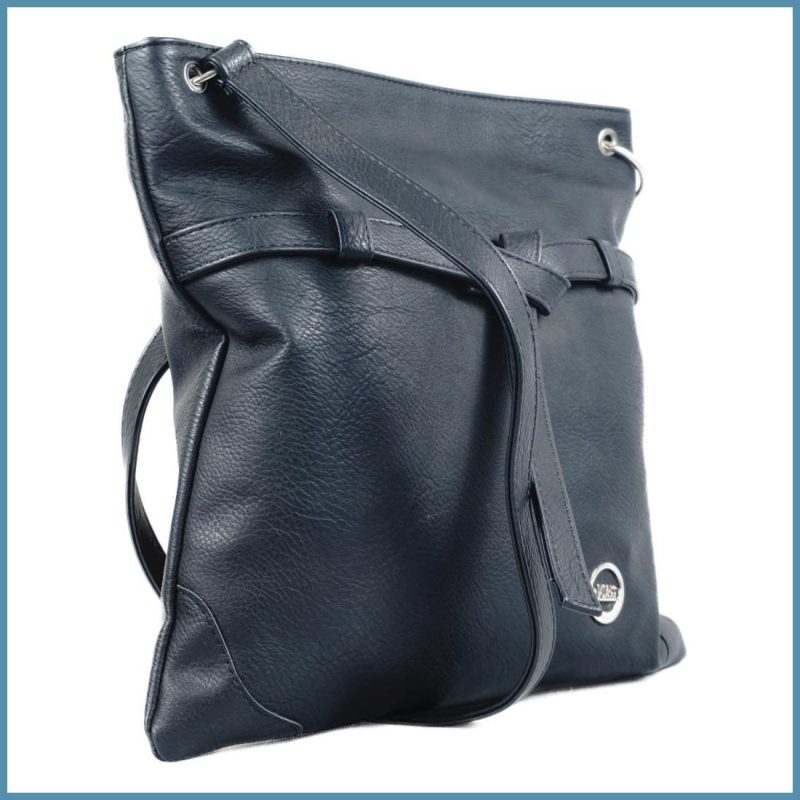 VIA55 női keresztpántos táska díszcsomóval, rostbőr, fekete noivalltaska-hu b
